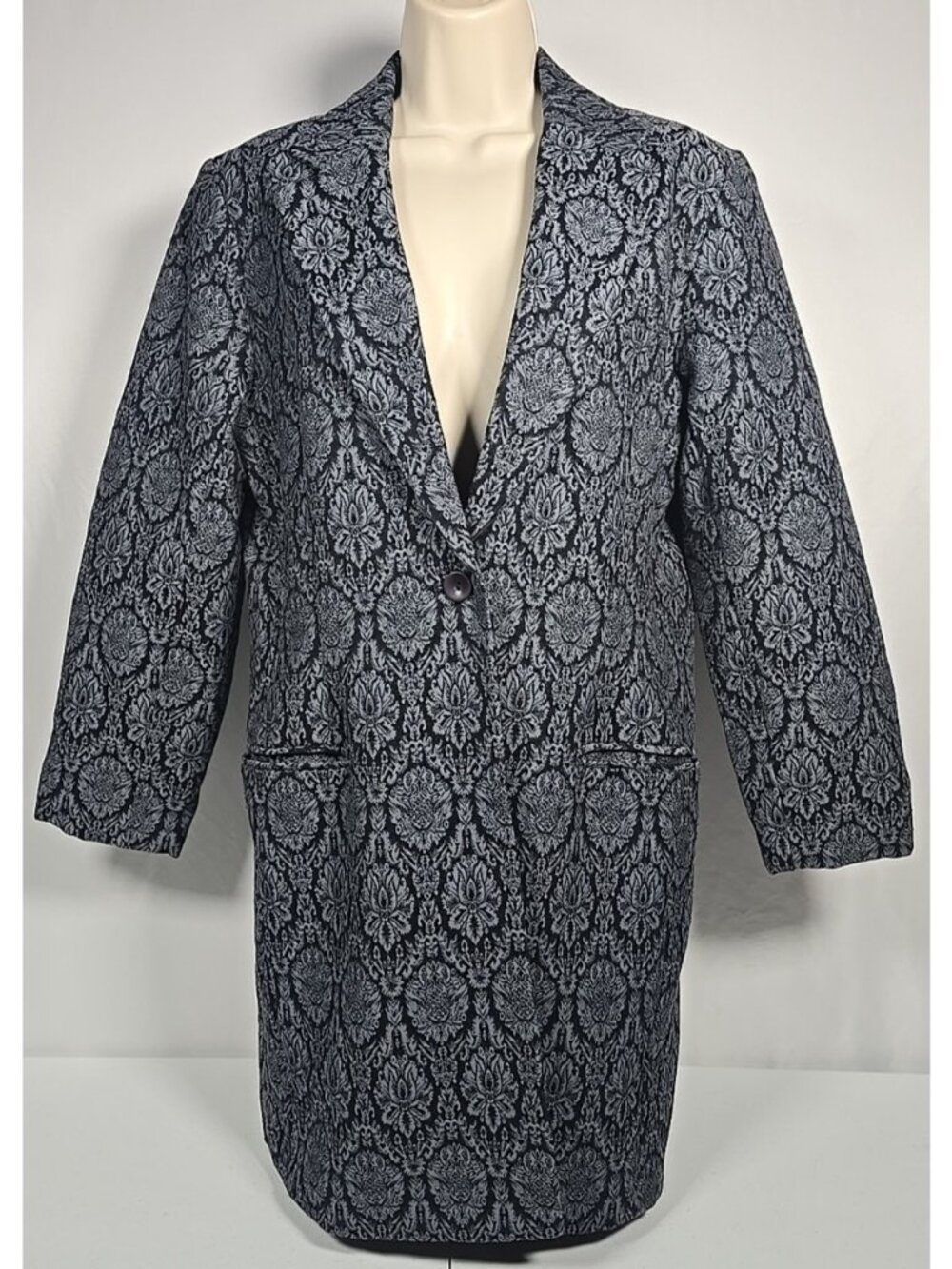 Dialogue Brocade Lined Duster Jacket Damask Floral Longline Silhouette Women 10